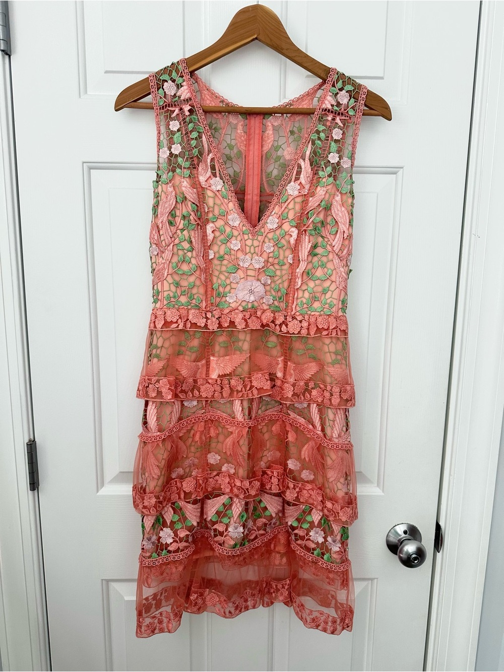 NWT Marchesa Notte Sleeveless Pale Coral Pink Lace Tiered Dress Bird Floral Sz 0
